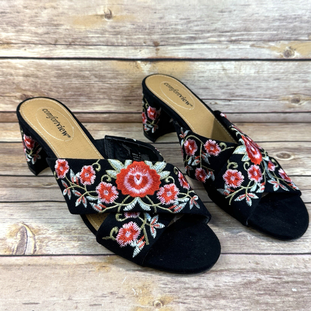 New Comfortview Black Faux Suede Vibrant Floral Embroidered Block Heel Mule 11M